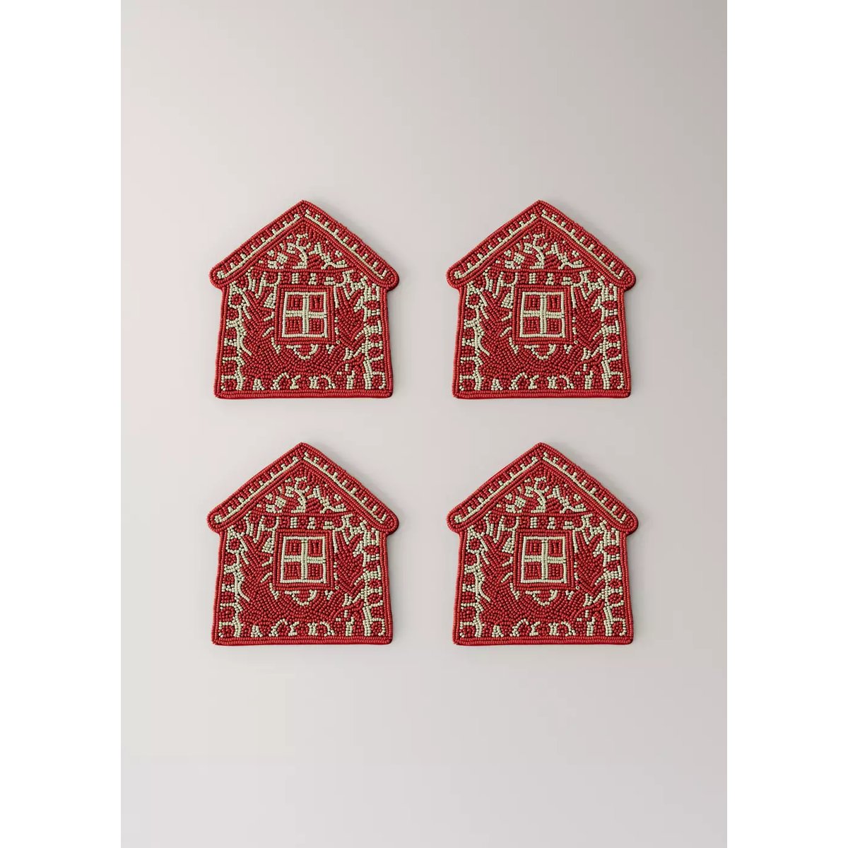 Lot de 4 sous-verres en forme de maison avec perles rouge, MANGO HOME