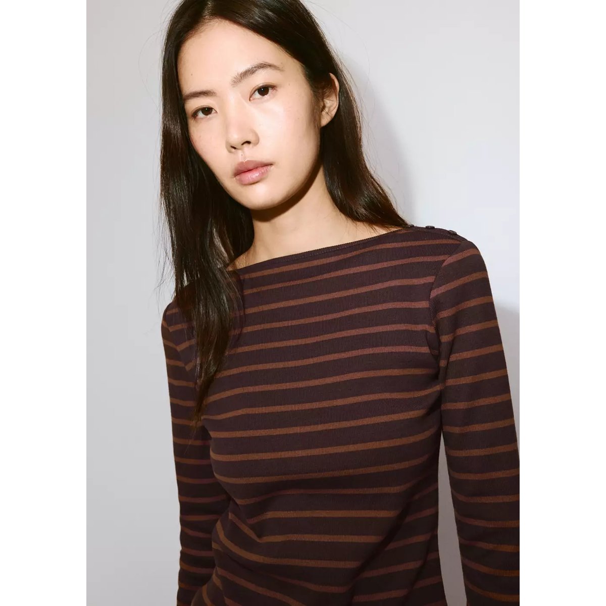 T-shirt coton à rayures marron, MANGO