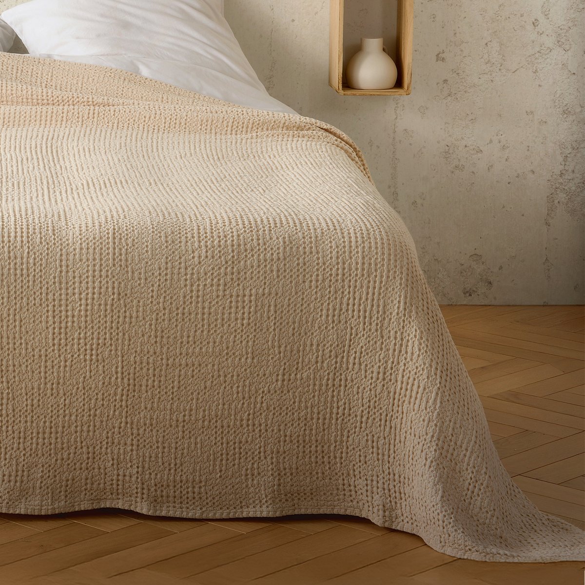 Plaid ou couvre lit 100%  coton nid d’abeille beige, LINDER