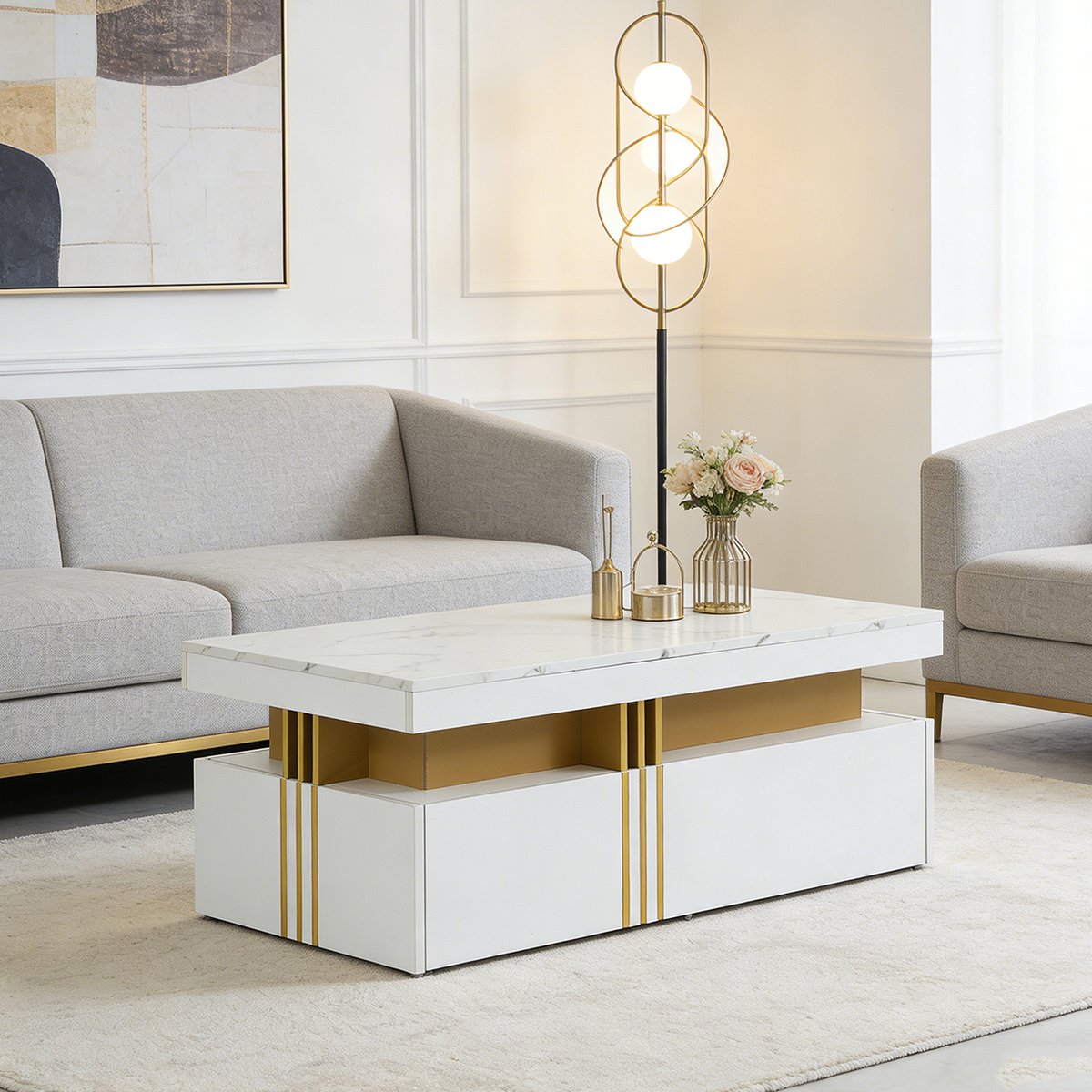 Table basse effet marbre rectangulaire tiroirs, NOVAKM white, MEUBLES COSY