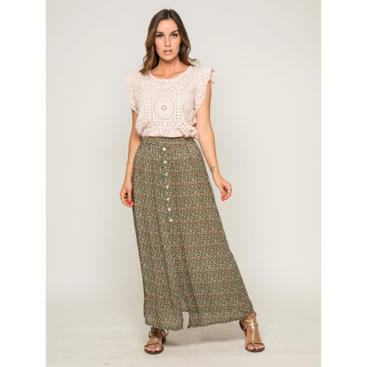 Top Col Rond Broderies Anglaises Foue rose, DONA LISA