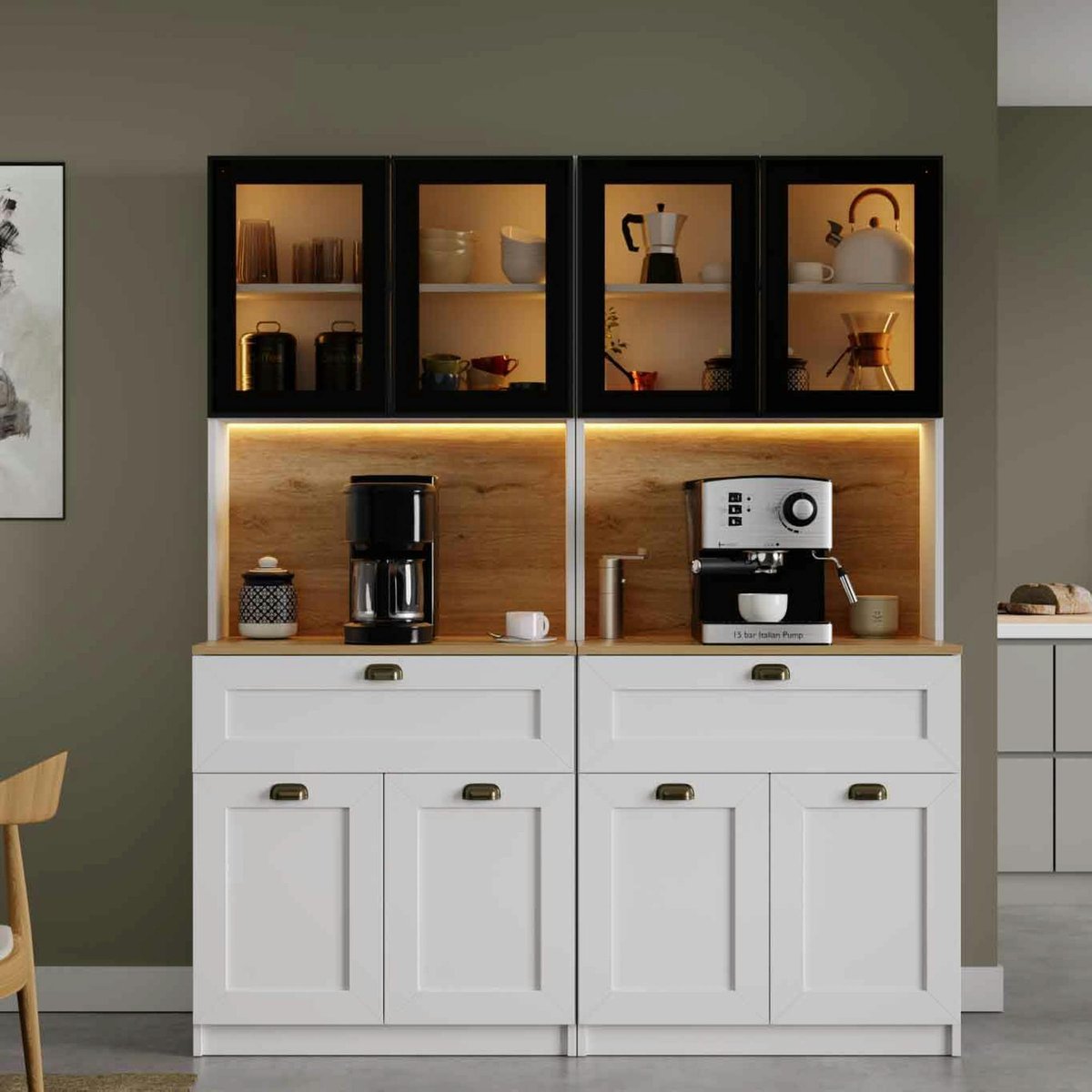 Vaisselier de cuisine à LED 8 portes décor blanc et noir AURA blanc, PIER IMPORT