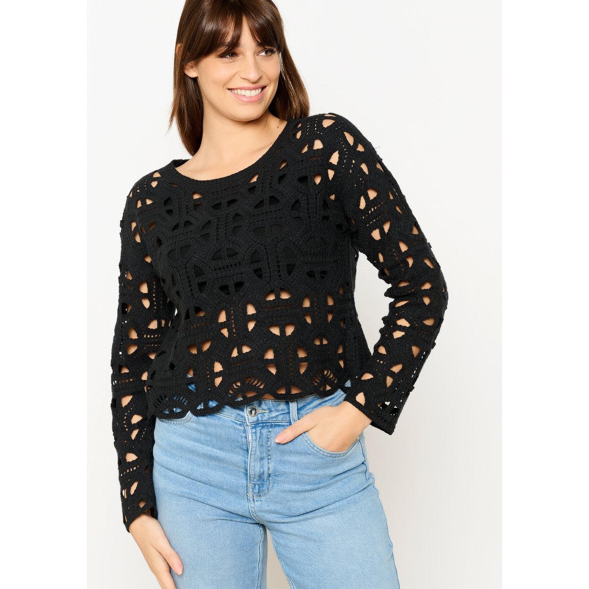 Top à manches longues en crochet noir, LOLALIZA