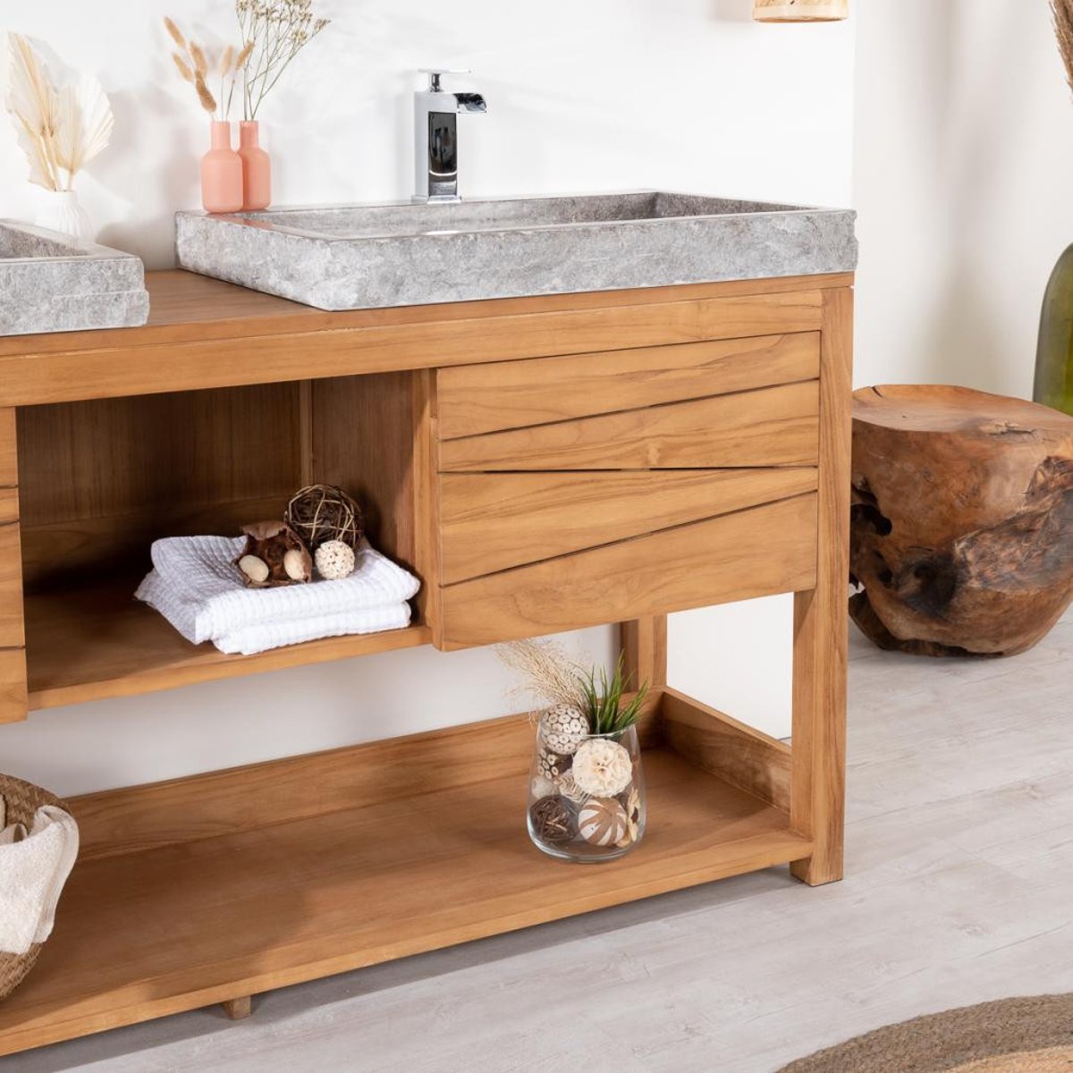 Meuble sous vasques en teck massif rectangle + 2 vasques 160cm COSY gris, WANDA COLLECTION