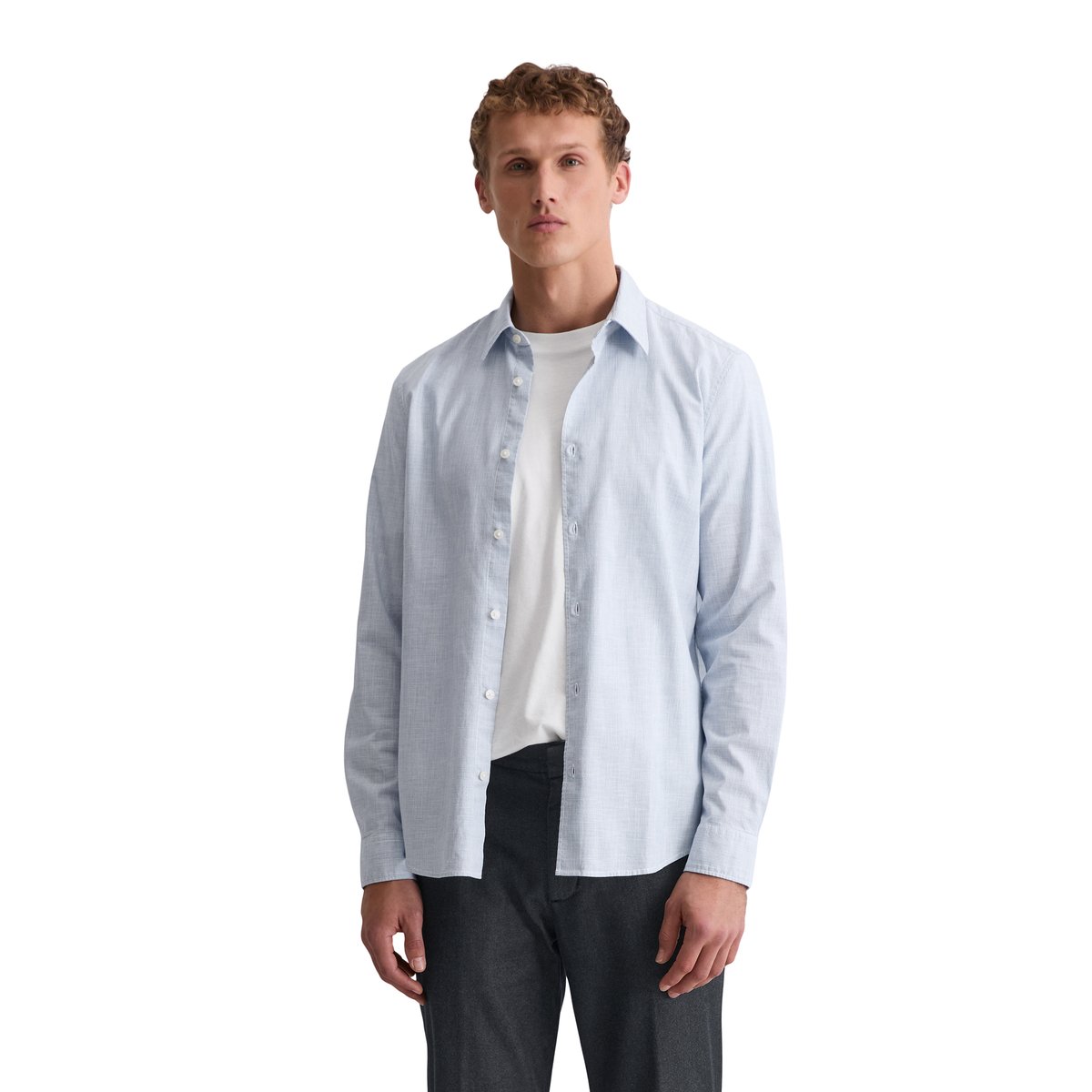 Chemise shaped en coton bio finement rayé bleu clair, MARC O'POLO