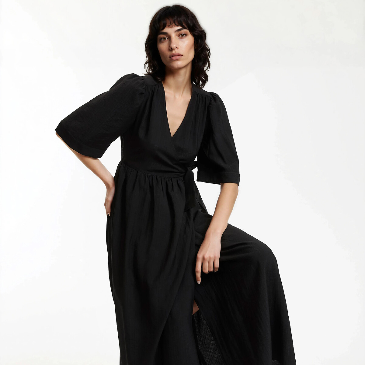 Abito lungo a portafoglio maniche corte nero , LA REDOUTE COLLECTIONS