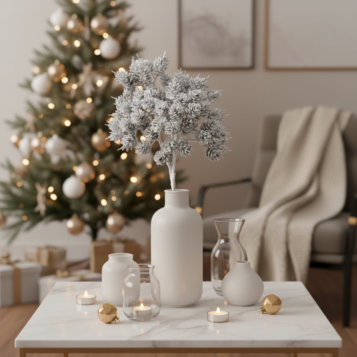 Branche de pommes de pin pailletée artificielle H38 argenté, SIA DECO