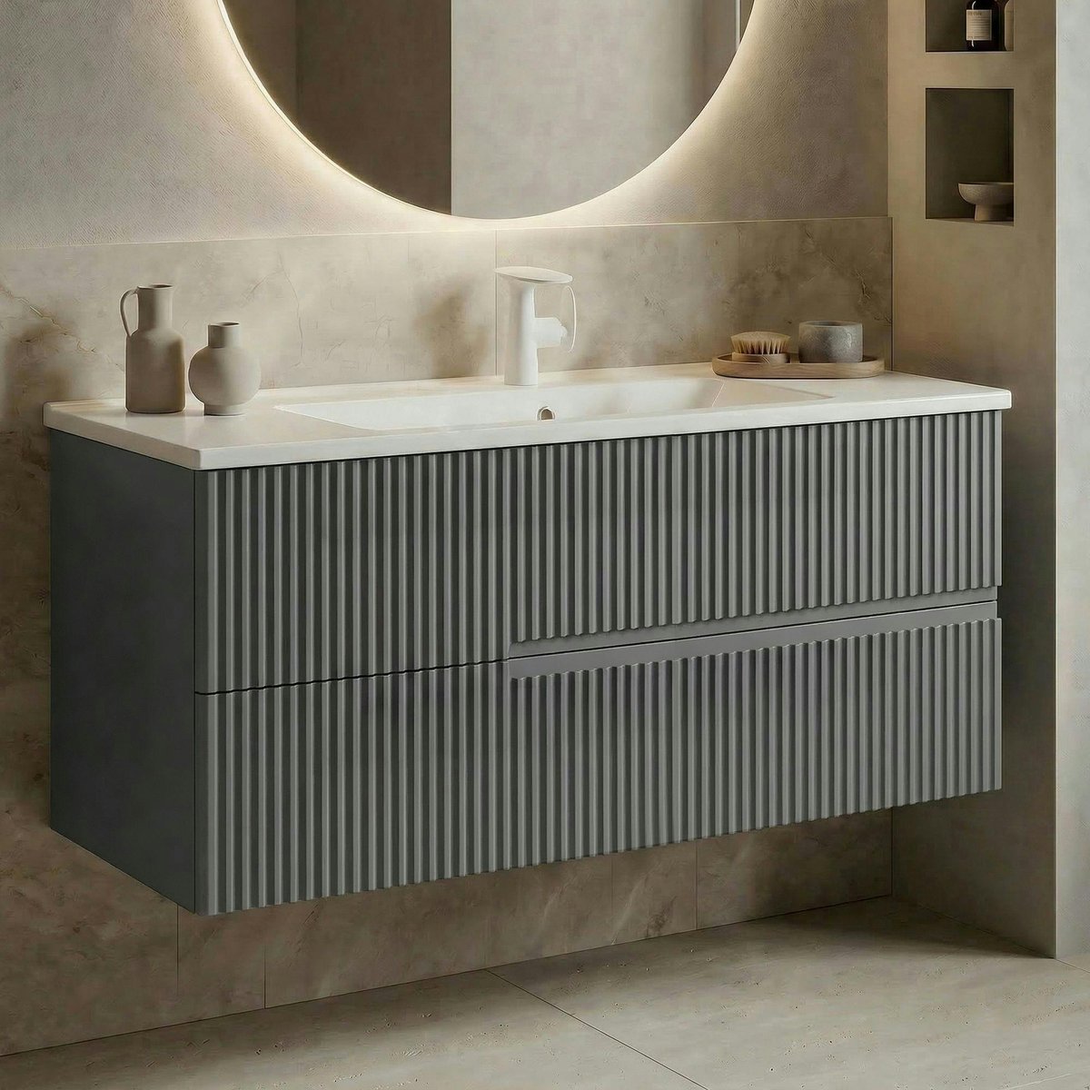 Meuble vasque suspendu 120 cm, 2 tiroirs rainurés ORA gris, PIER IMPORT