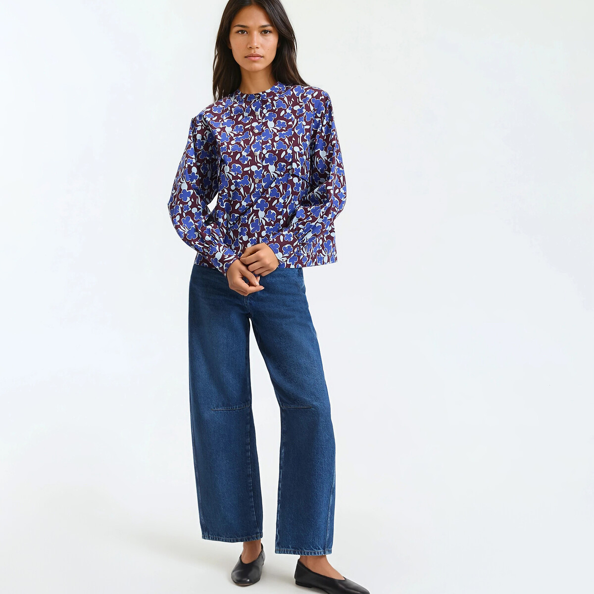 Chemise col mao, imprimé floral, manches longues imprimé fond marron, LA REDOUTE COLLECTIONS