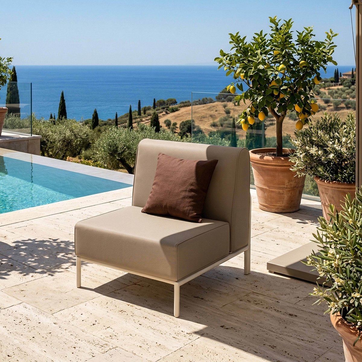 Salon de jardin modulable 3 places avec 1 chauffeuse et 2 fauteuils d'angle, PATIO beige, OVIALA