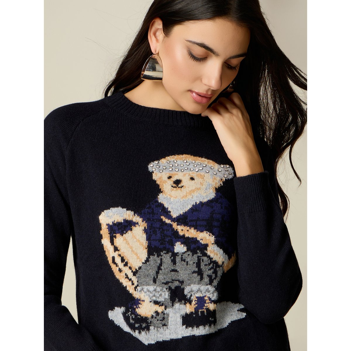 Pull en tricot avec intarsia et sertis bleu, OLTRE