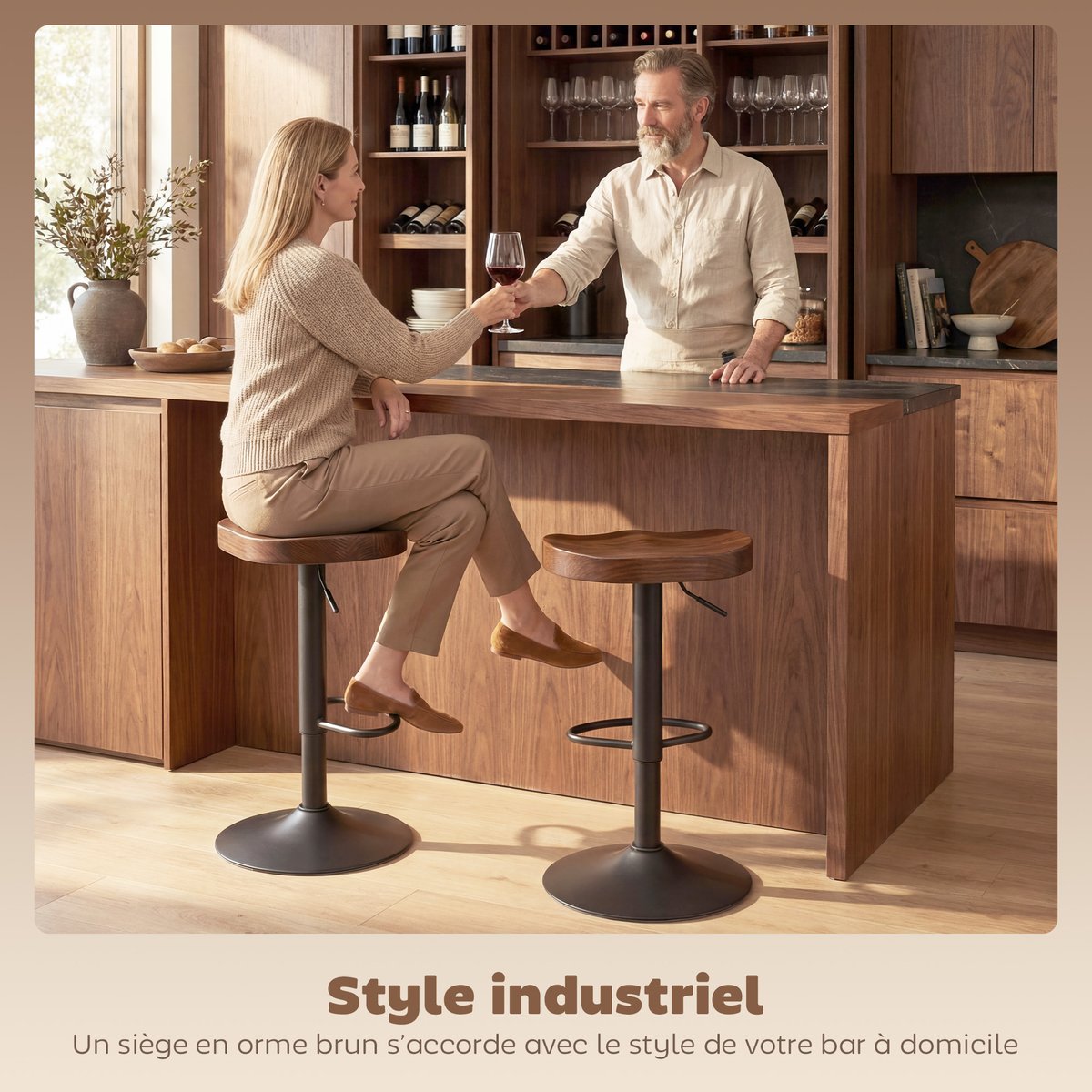 Tabouret de bar Bois d'orme Marron foncé marron foncé, noir, HOMCOM