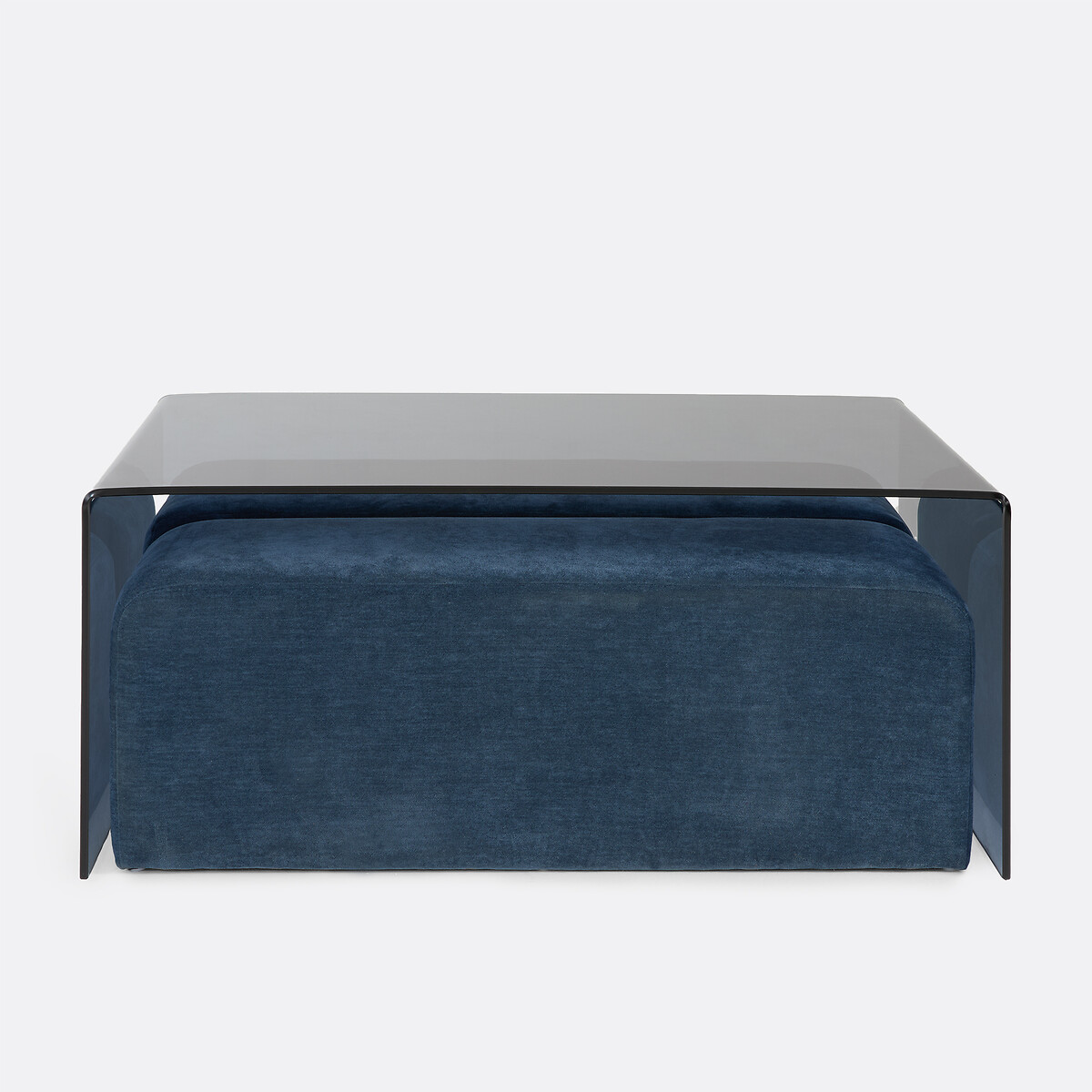 Table basse, plateau en verre trempé, et ses 2 bancs, JOAN bleu, LA REDOUTE INTERIEURS