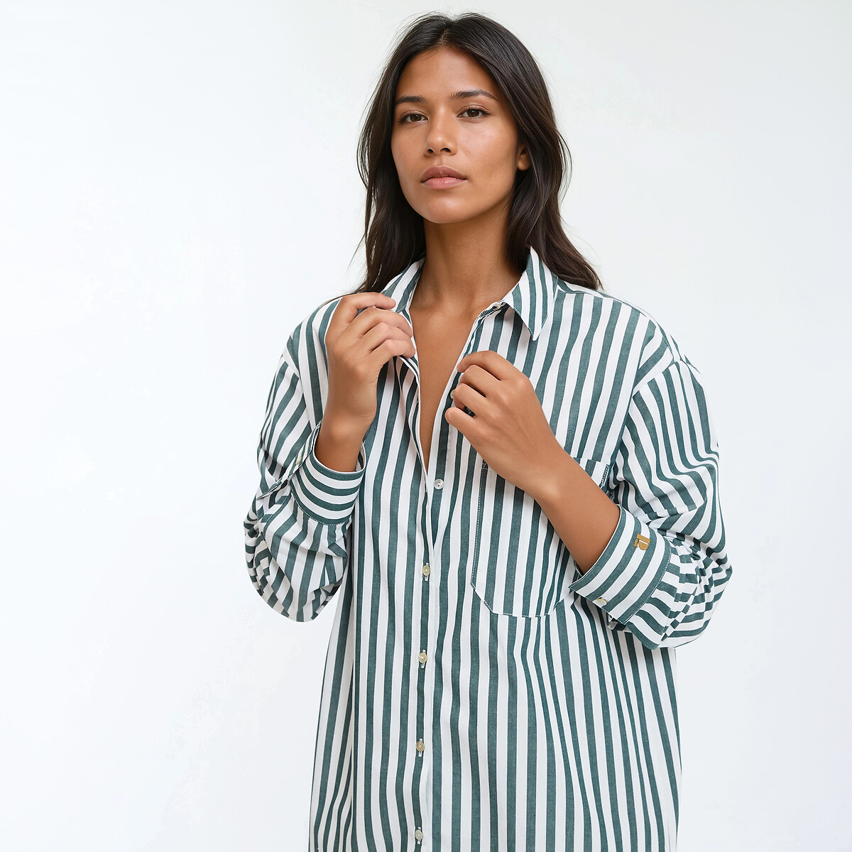 Chemise de nuit en popeline rayée, Signature CARLITA rayé vert, LA REDOUTE COLLECTIONS