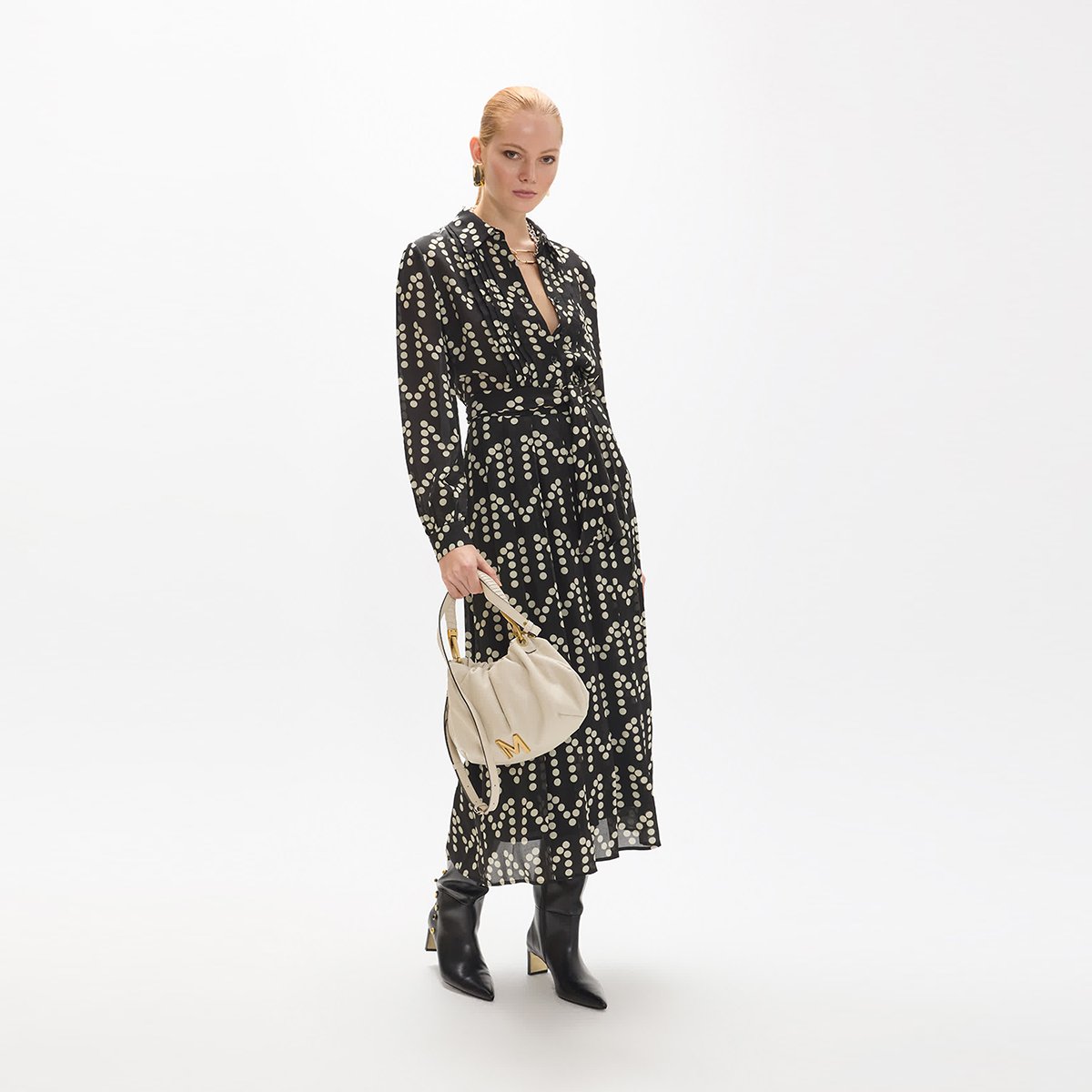 Robe longue manches longues à pois à ceinture noir, LOLA CASADEMUNT