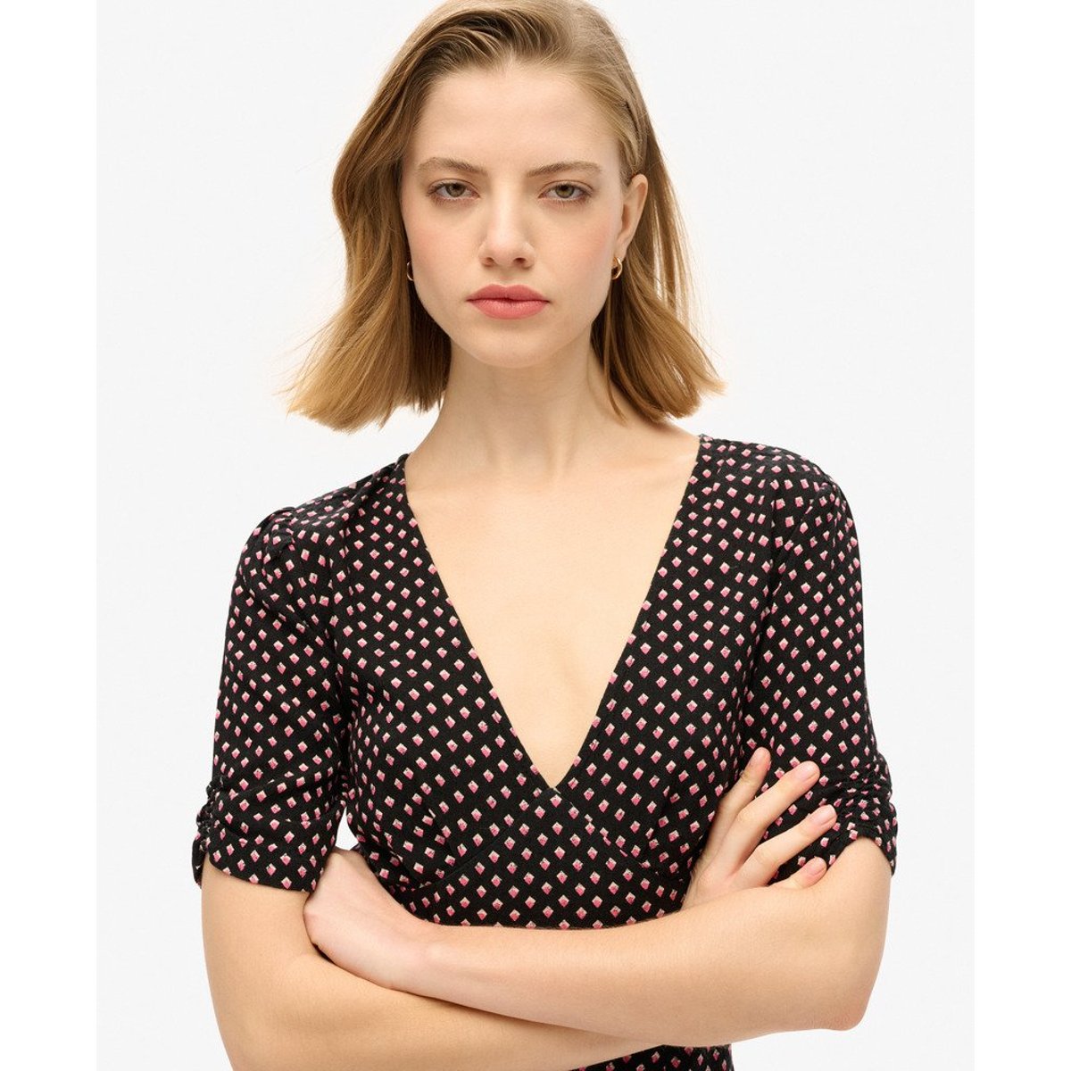 Robe courte fluide imprimée à manches courtes noir diamant géométrique, SUPERDRY