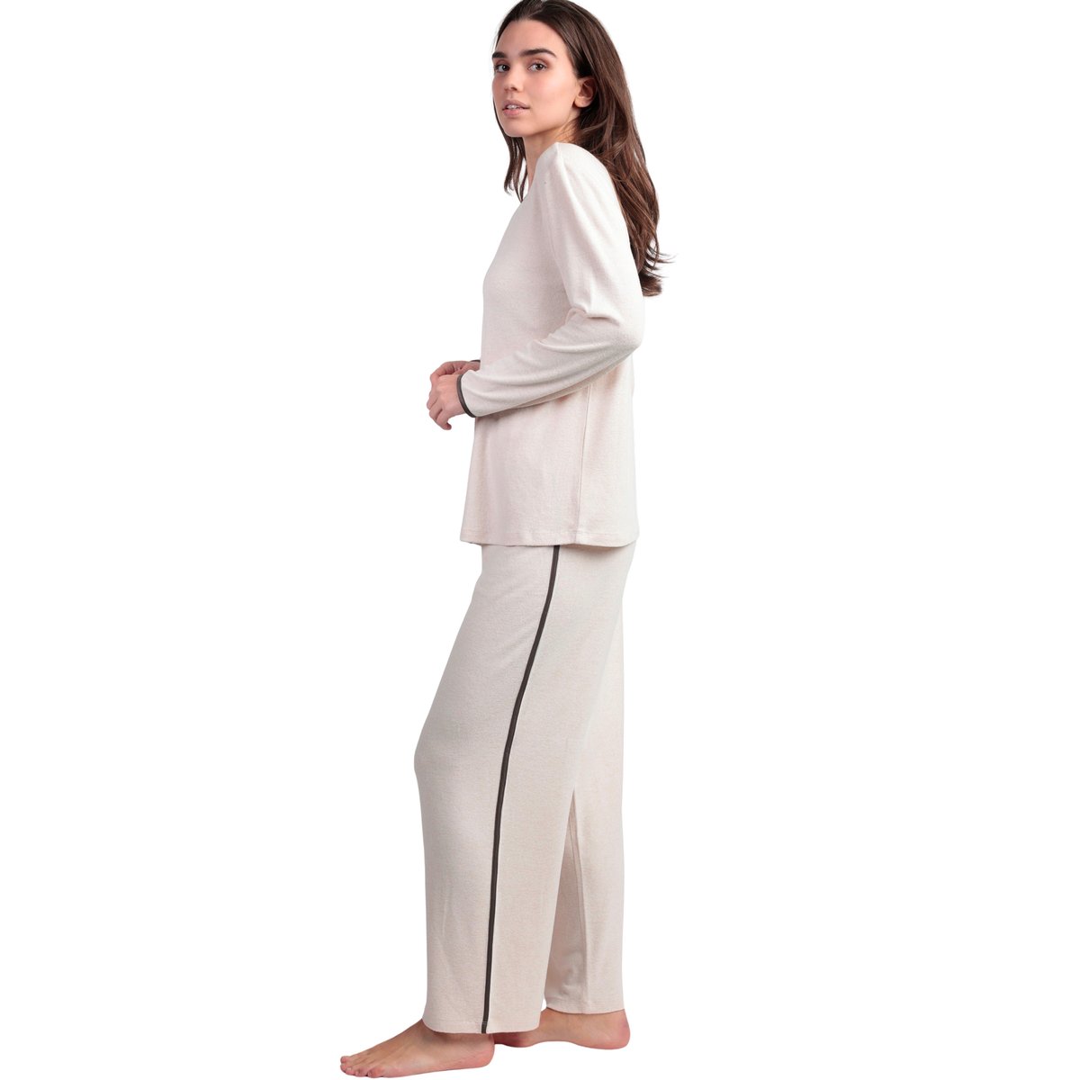 Pyjama pantalon top manches longues col V Elegant At Home beige, ADMAS