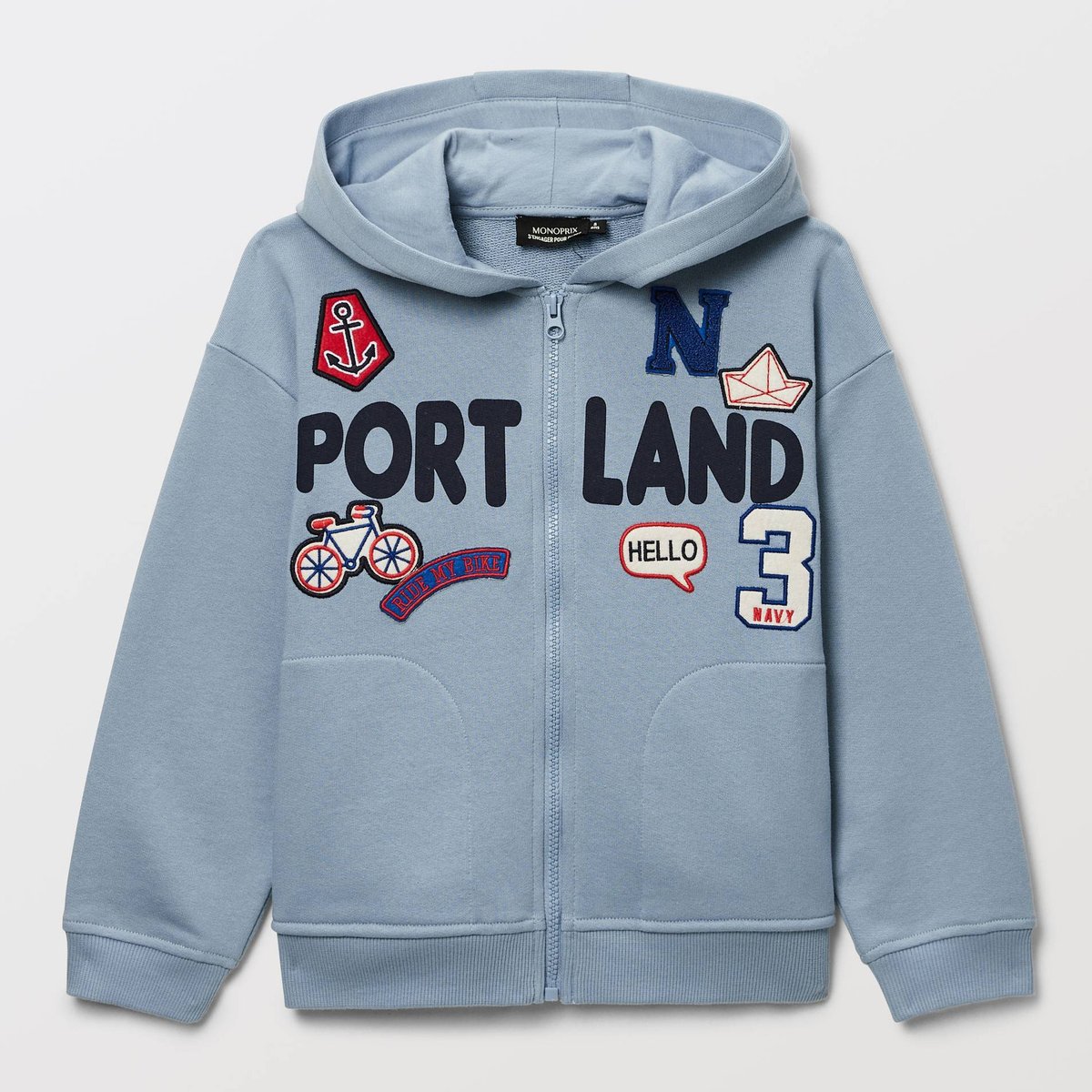 Sweat à capuche imprimé et avec badges en coton riviere, MONOPRIX