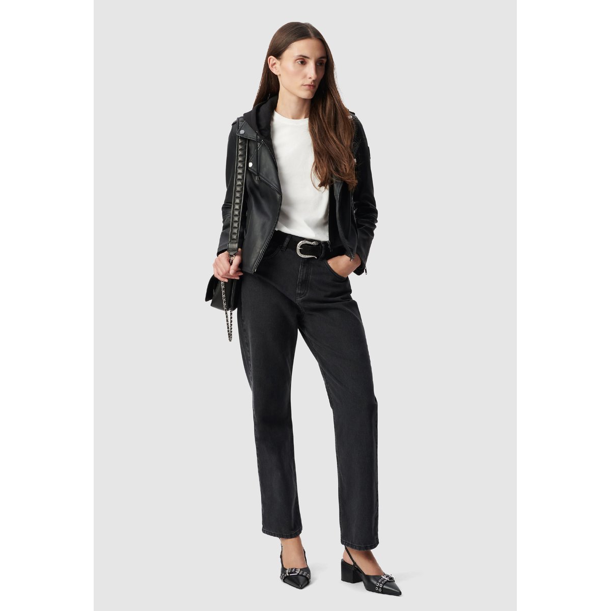 Blouson cuir d'agneau à capuche amovible noir, IKKS