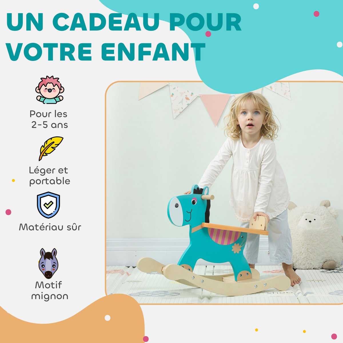 Cheval à bascule pour enfants Contreplaqué vert foncé, orange, bois, AIYAPLAY