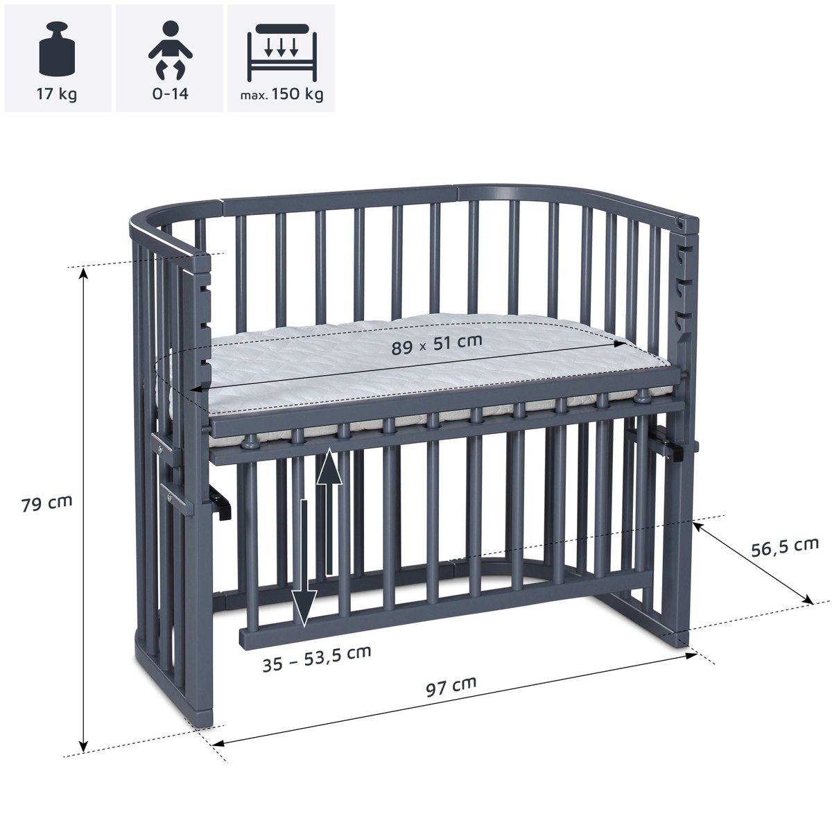 Grand Lit berceau Cododo Gris avec matelas - Maxi Comfort + couleur unique, BABYBAY