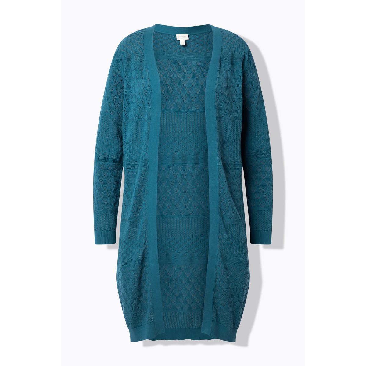 Cardigan long en maille de coton bio ajourée pétrol, ULLA POPKEN