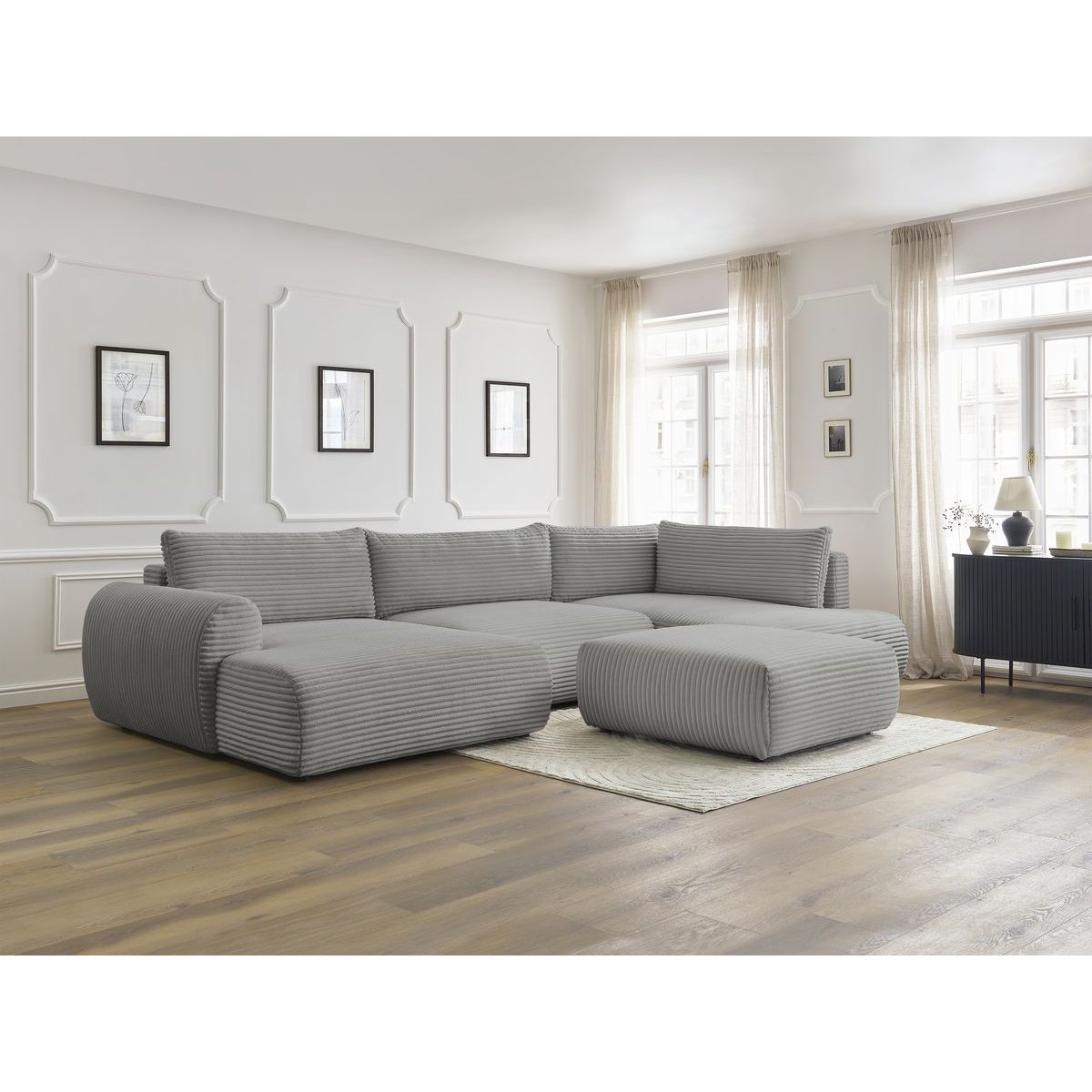 Canapé panoramique convertible 6 places en gros côtelé doux avec pouf, LUCIEN gris foncé, BOBOCHIC