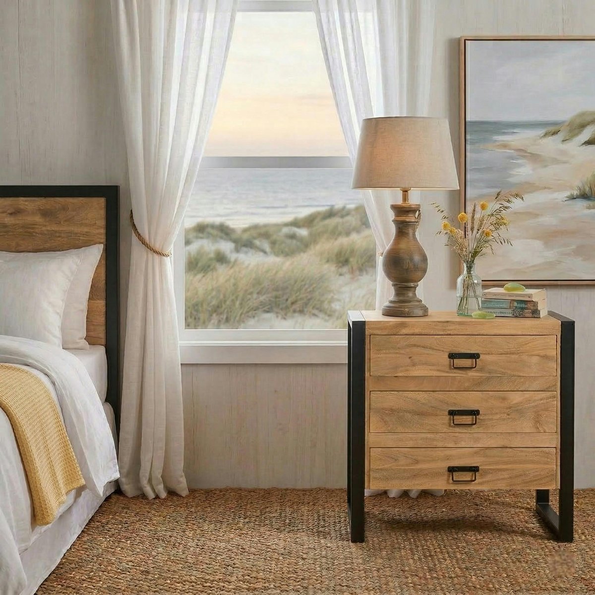 Petite commode 3 tiroirs bois clair et métal noir MILORA bois naturel, PIER IMPORT