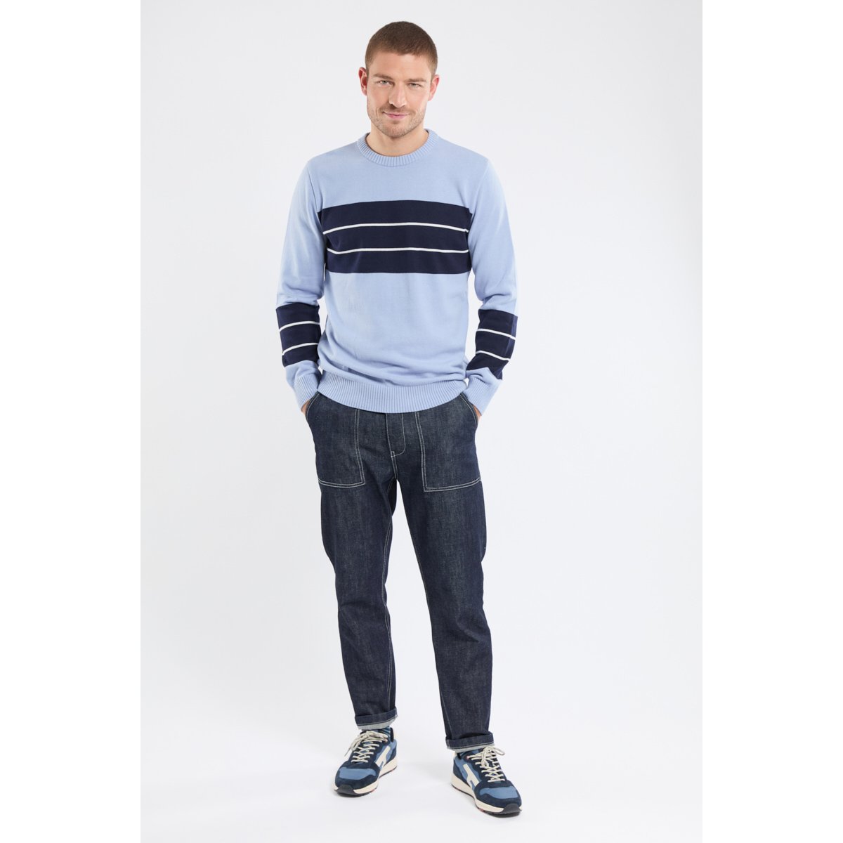 Pull bicolore en coton eventide/marine deep/blanc, GUY DE BERAC