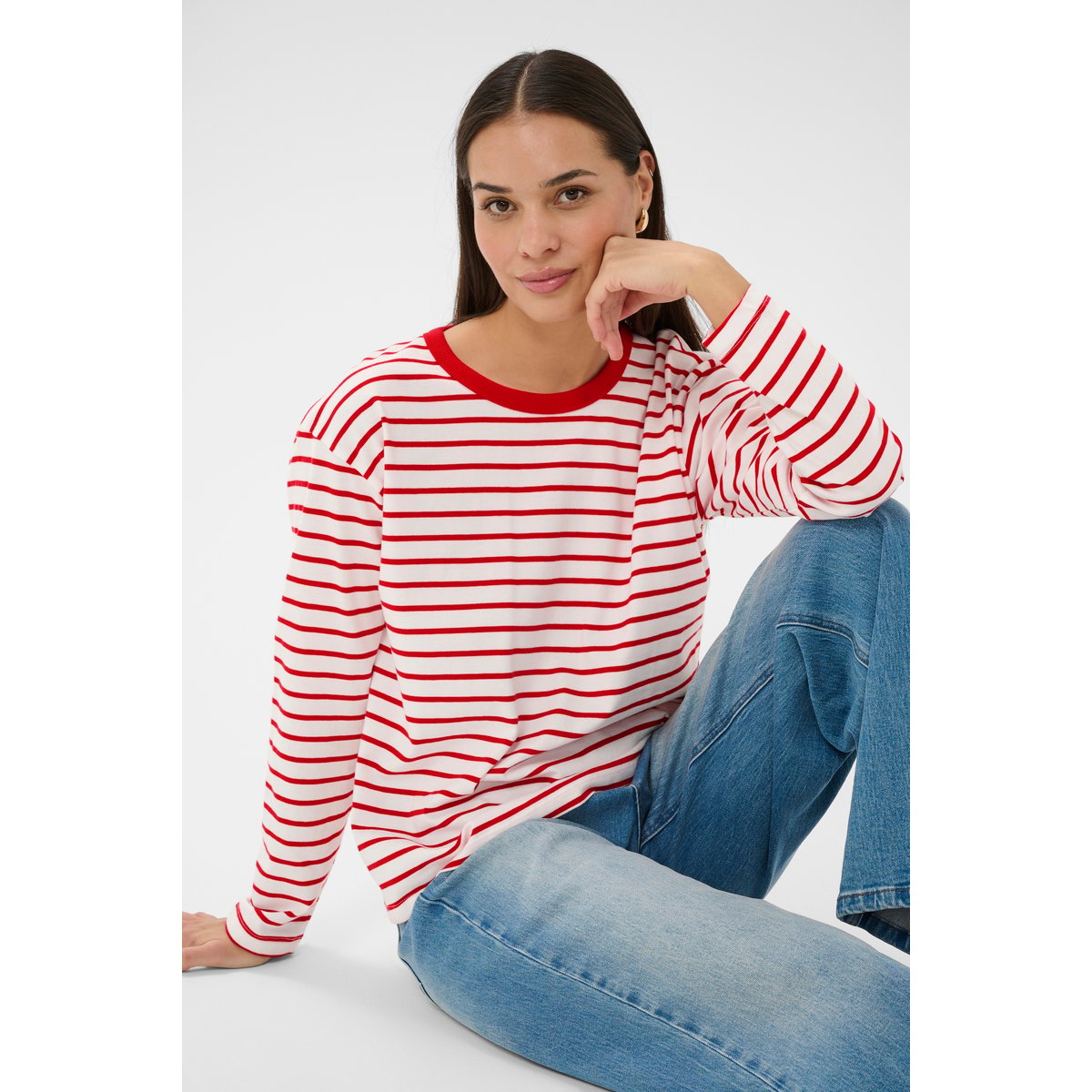 T-shirt à manches longues chalk w. red stripes, KAFFE