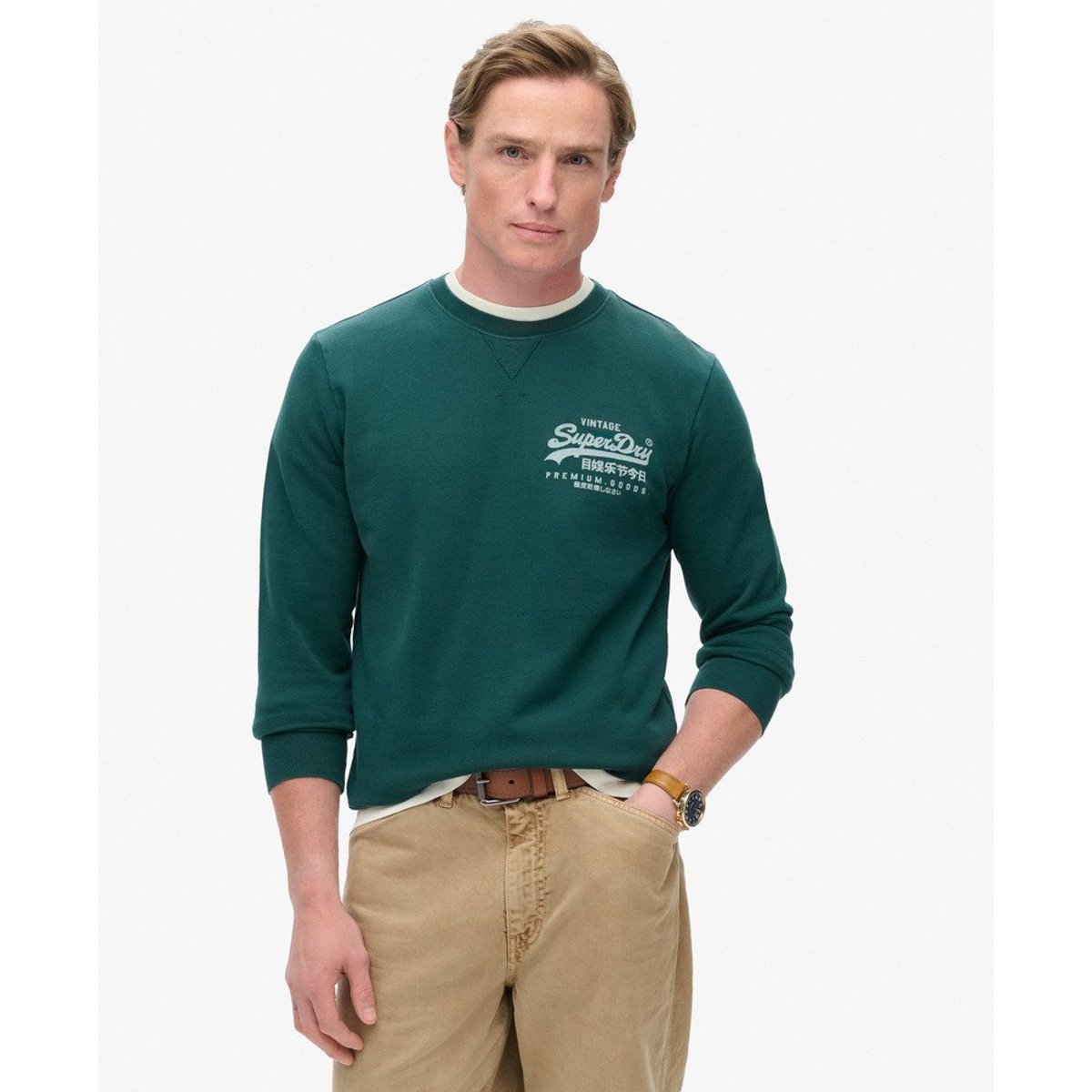 Sweat classique Vintage Logo Heritage Chest vert pinède foncé, SUPERDRY