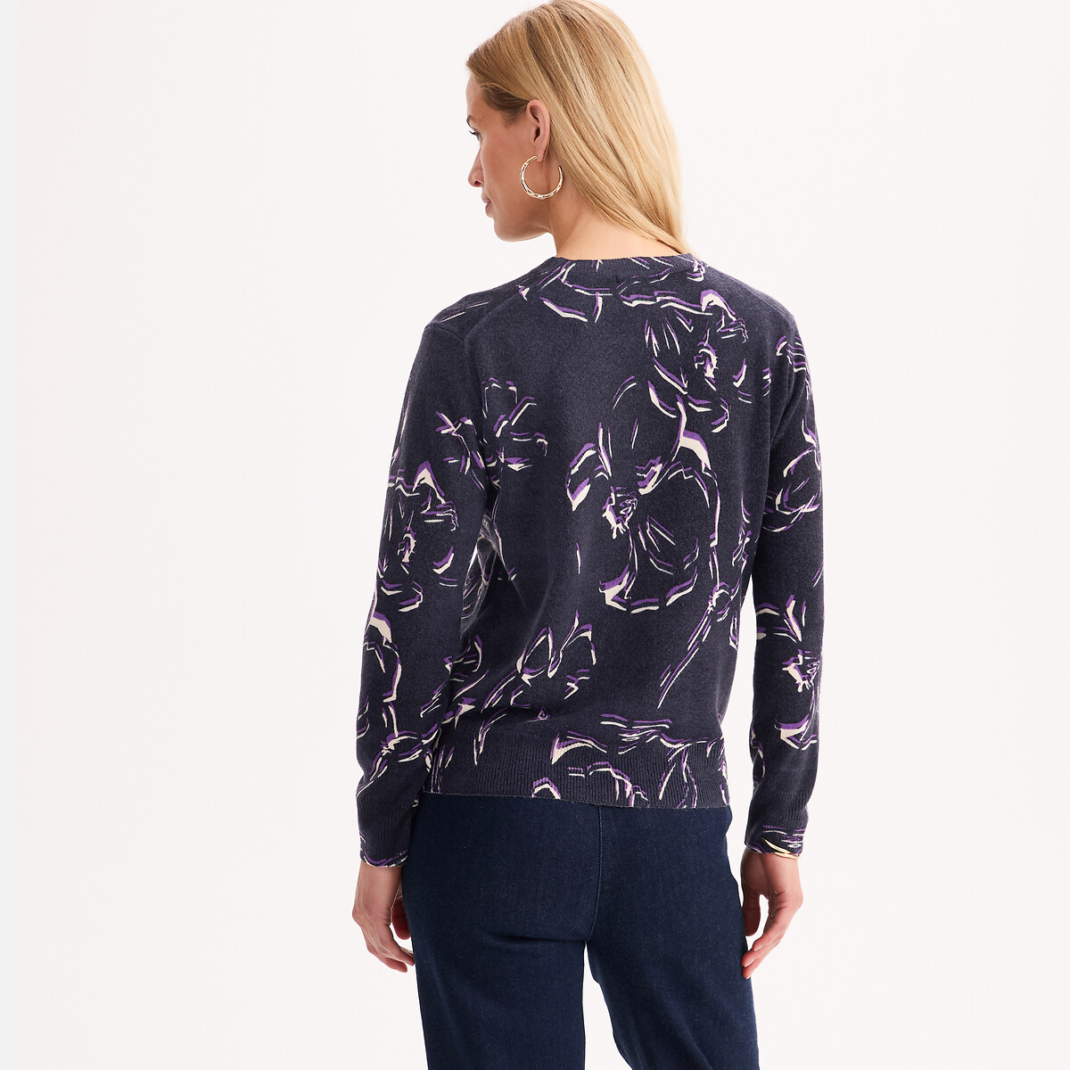Floral Print Soft Fine Knit Crew Neck Jumper star print/navy background, ANNE WEYBURN