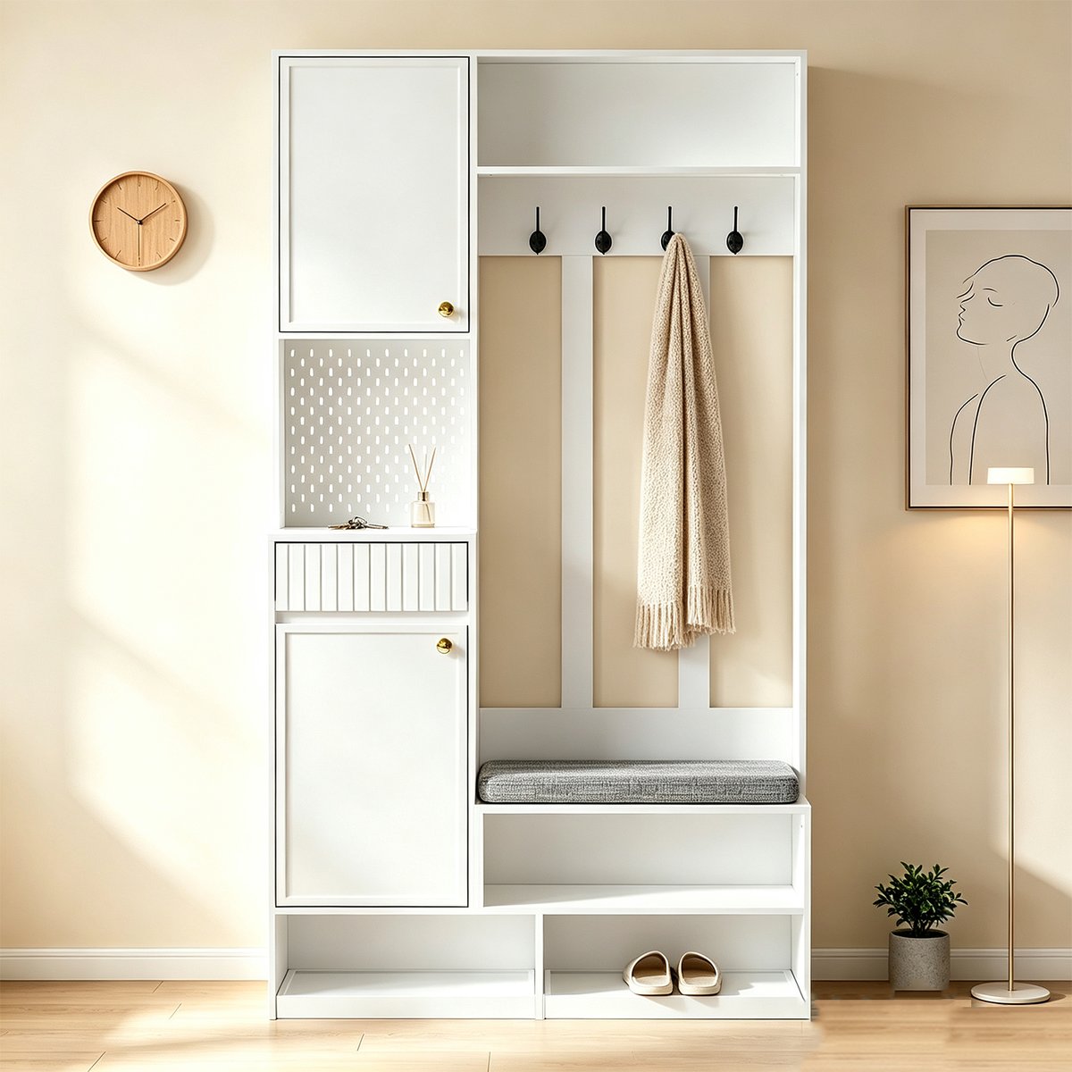 Vestiaire d'entrée avec banc et rangement, PORTER-B blanc, MEUBLES COSY