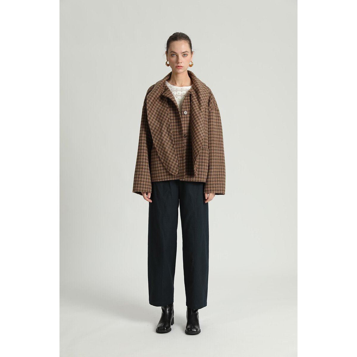 Chaqueta de lana mayoritaria, de cuadros, con bufanda integrada marrón, SEE U SOON