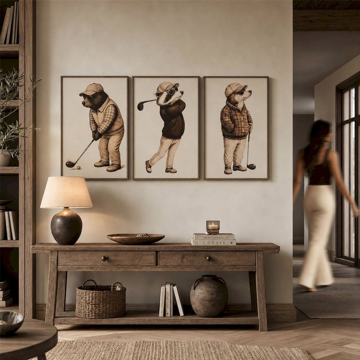 Triptyque mural golf animaux en bois beige et marron, RECOLLECTION
