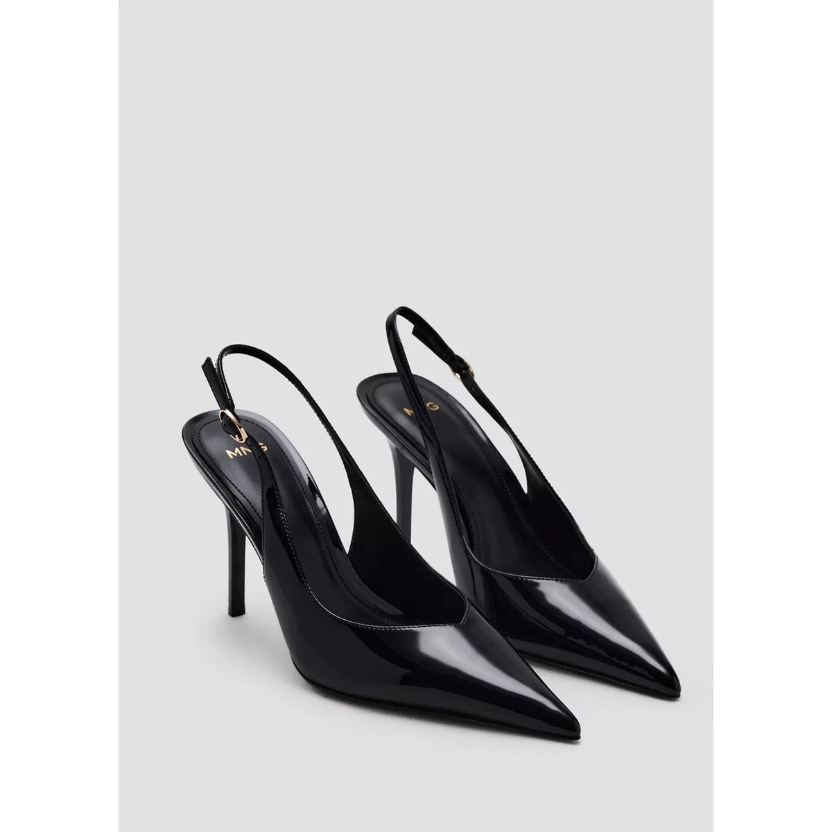 Chaussures à talon en cuir vernis noir, MANGO