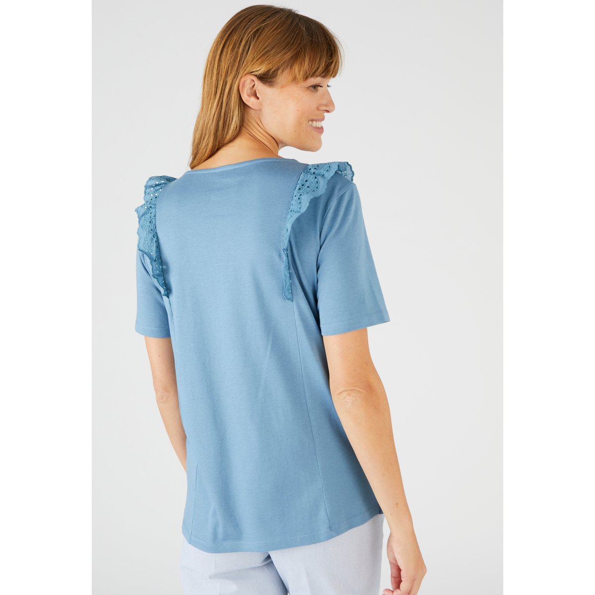 T-shirt bi-matière broderie anglaise bleu jean, DAMART