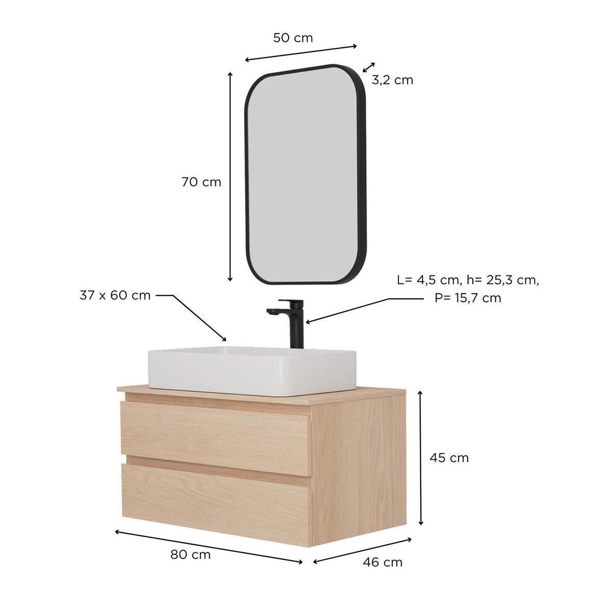 Ensemble meuble simple vasque 80 cm + vasque + robinet + miroir SORRENTO chêne, MOB IN