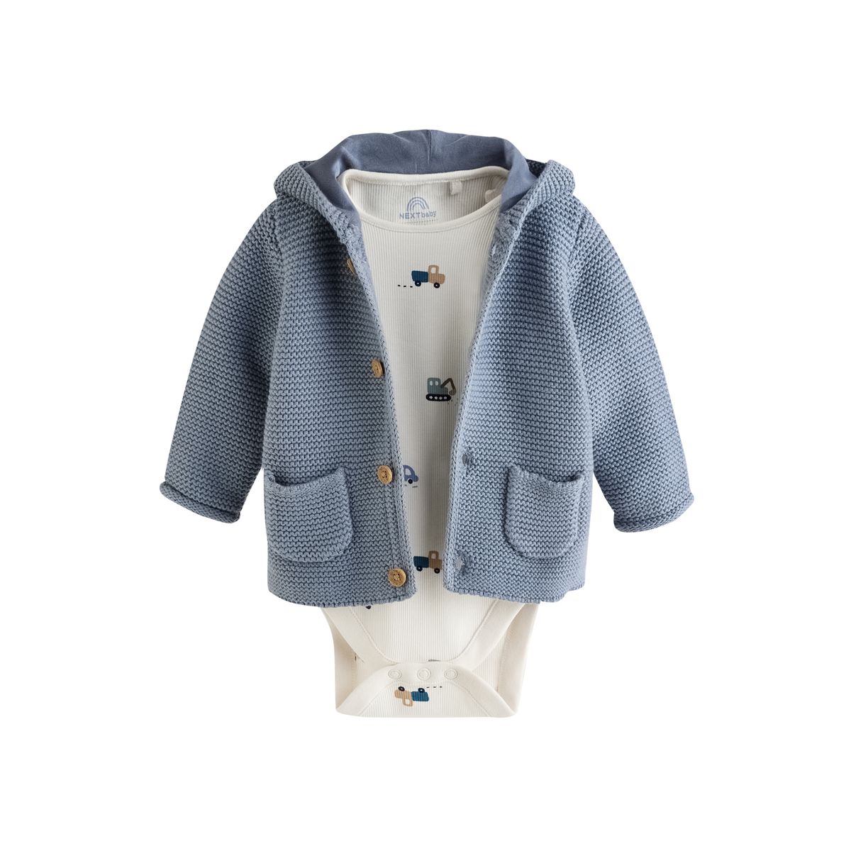 Cardigan en maille, body et legging bébé transports bleus, NEXT