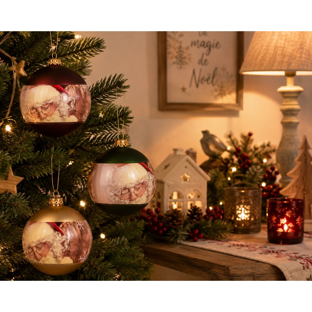 3 boules Pere noel rouge, EDEN