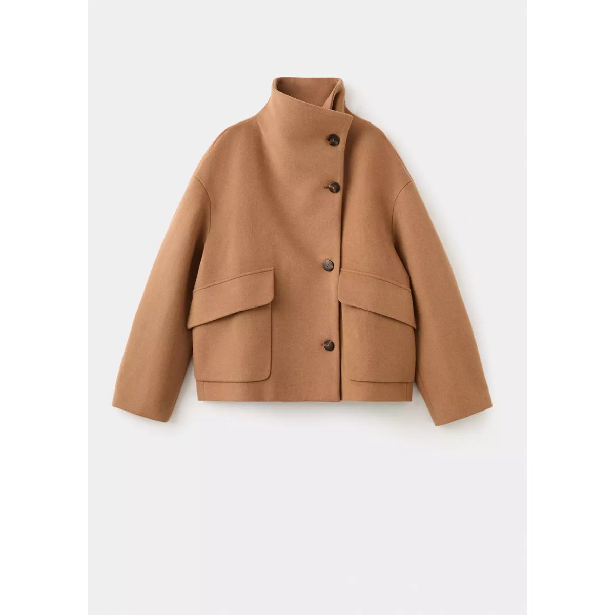 Manteau laine mélangée col cheminée marron moyen, MANGO