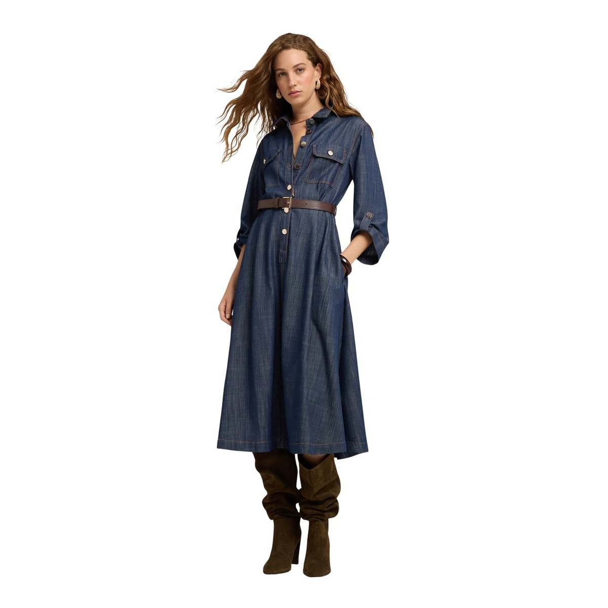 Robe chemise midi avec ceinture bleu, MOTIVI
