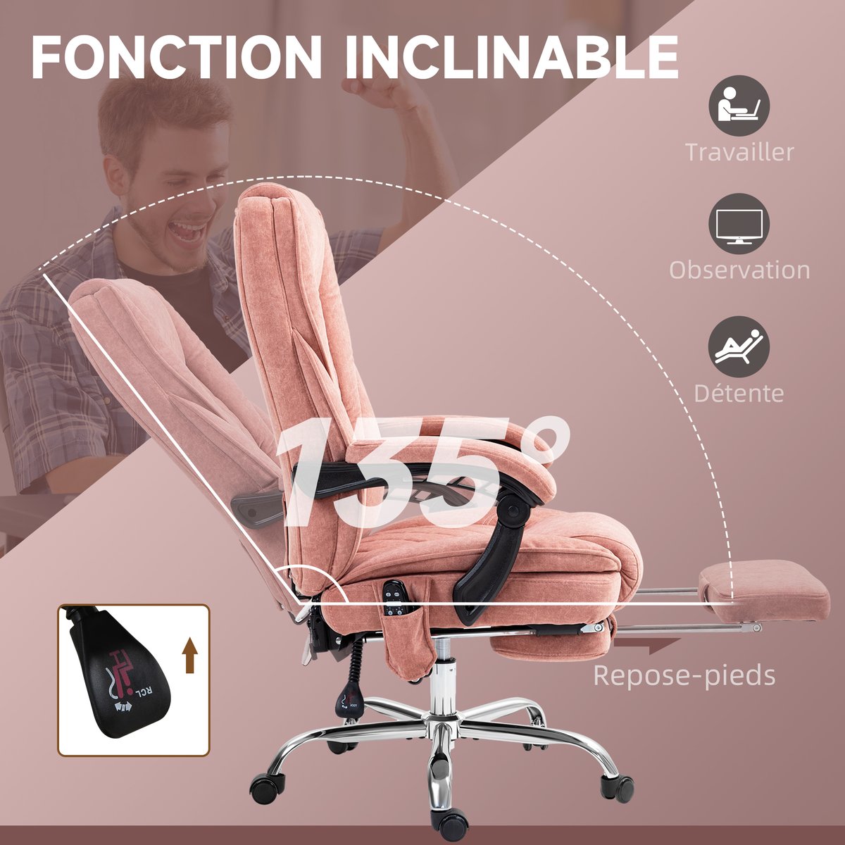 Fauteuil de bureau avec fonction massage rose, HOMCOM