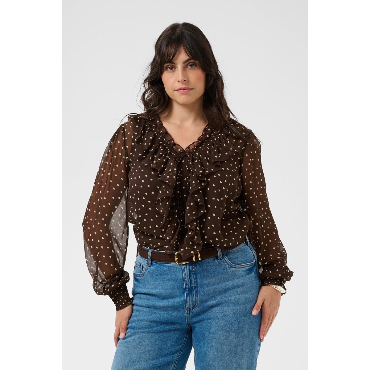 Blouse à manches longues marron coffee bean turtledove dot, KAFFE CURVE