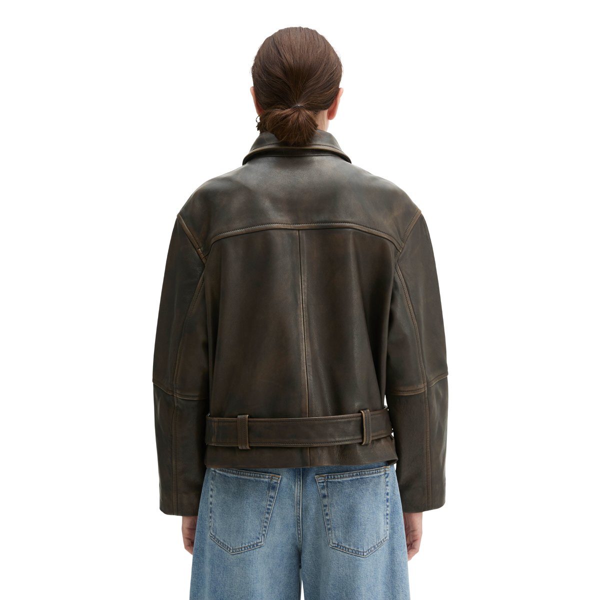 Veste en cuir relaxed en cuir d'agneau doux à l'aspect vintage marron foncé, MARC O'POLO