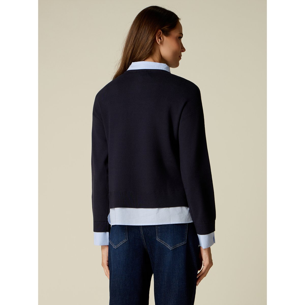 Pull avec détails chemise et cristaux bleu, OLTRE