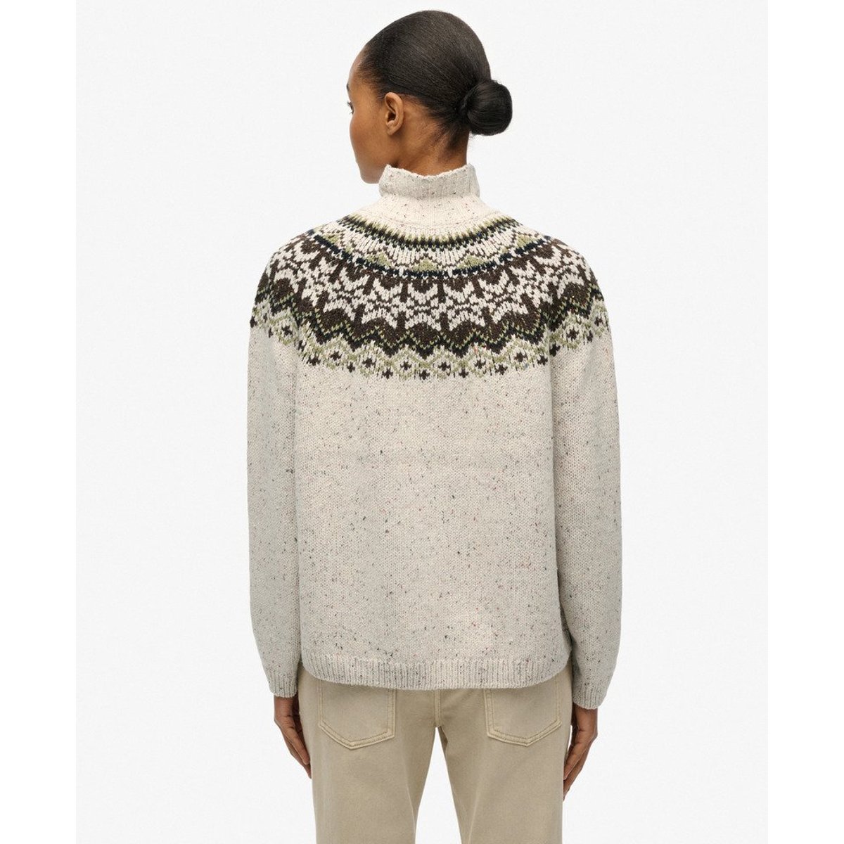 Pull à col montant en jacquard blanc cassé multi, SUPERDRY