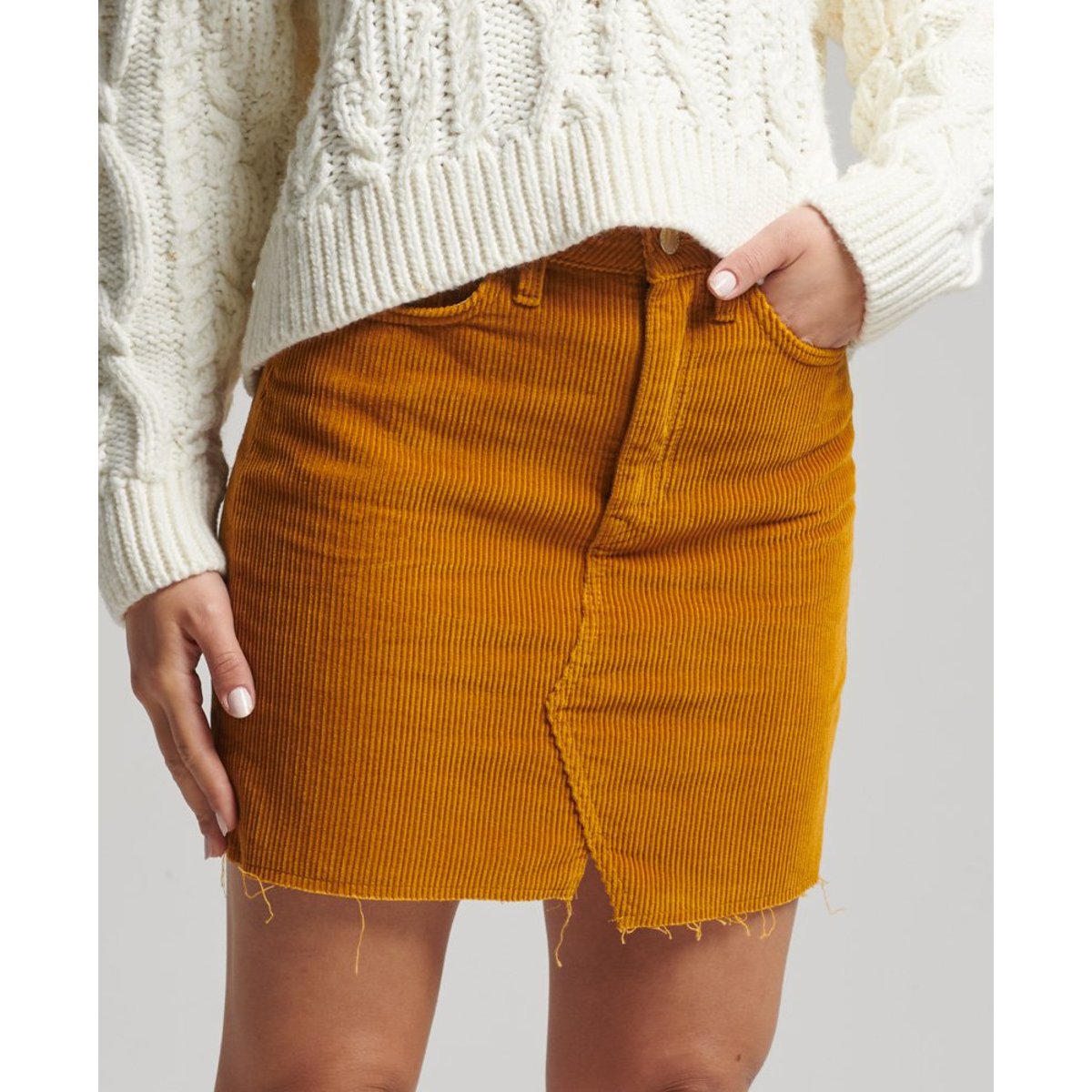 Minijupe en denim velours côtelé fauve curcuma, SUPERDRY