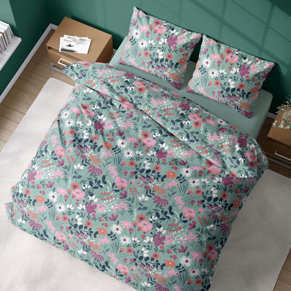 Parure housse de couette en coton imprimée, Flore bleu, C DESIGN HOME TEXTILE