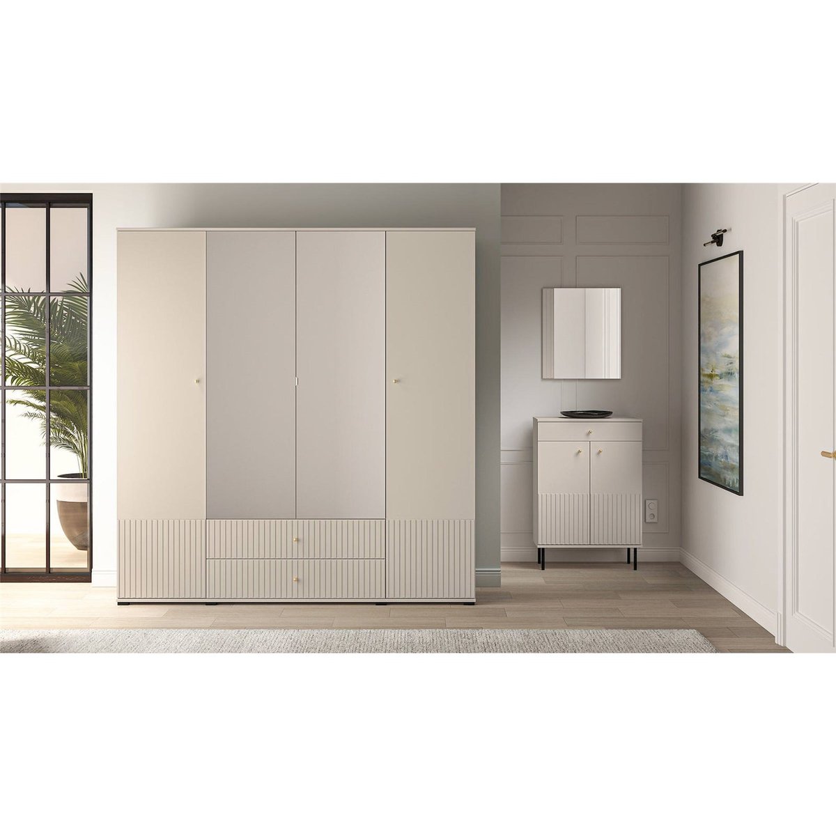 Armoire CALETTO à miroir et portes rainurées cachemire beige avec poignées dorées, RECOLLECTION